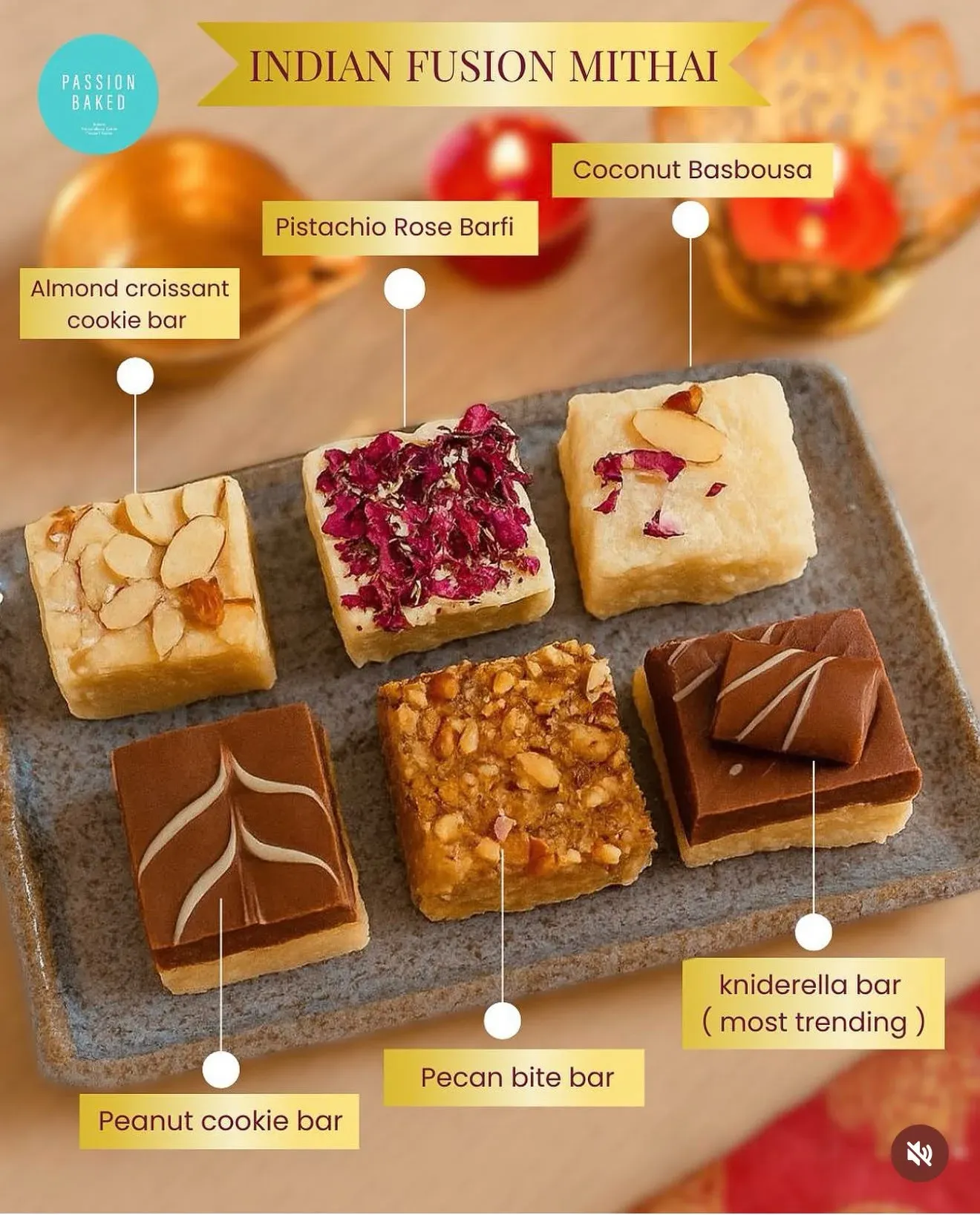 Platter of six Indian fusion mithai squares: almond croissant cookie bar, pistachio rose barfi topped with dried rose petals, coconut basbousa, peanut cookie bar, pecan bite bar and a chocolate-drizzled kniderella bar.